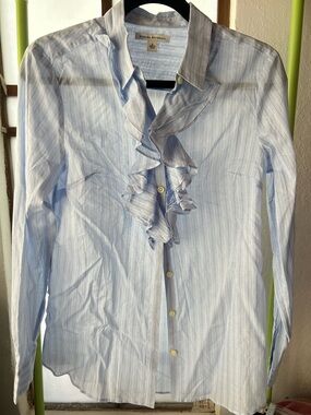 Banana Republic Light Blue Striped Ruffle Front Blouse